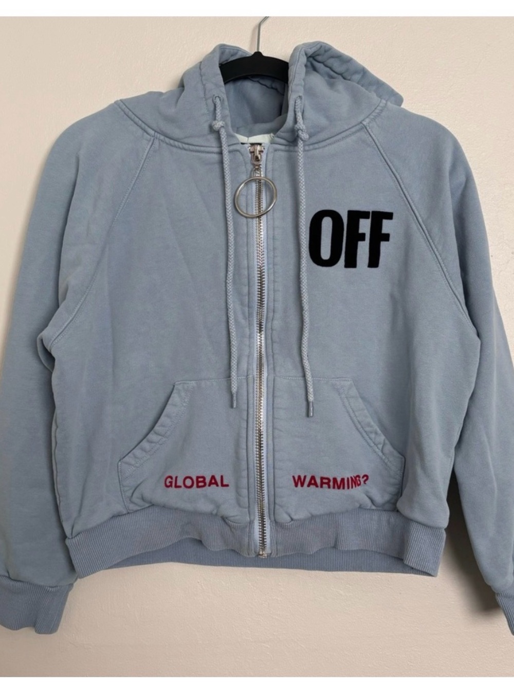 Off-White Light Blue Zip Hoodie with Black and Red Accents
